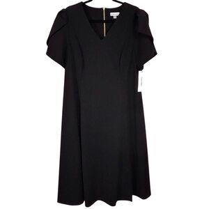 NEW Calvin Klein A-Line Midi Dress Tulip Sleeve Women’s 14W Black Crepe Stretch